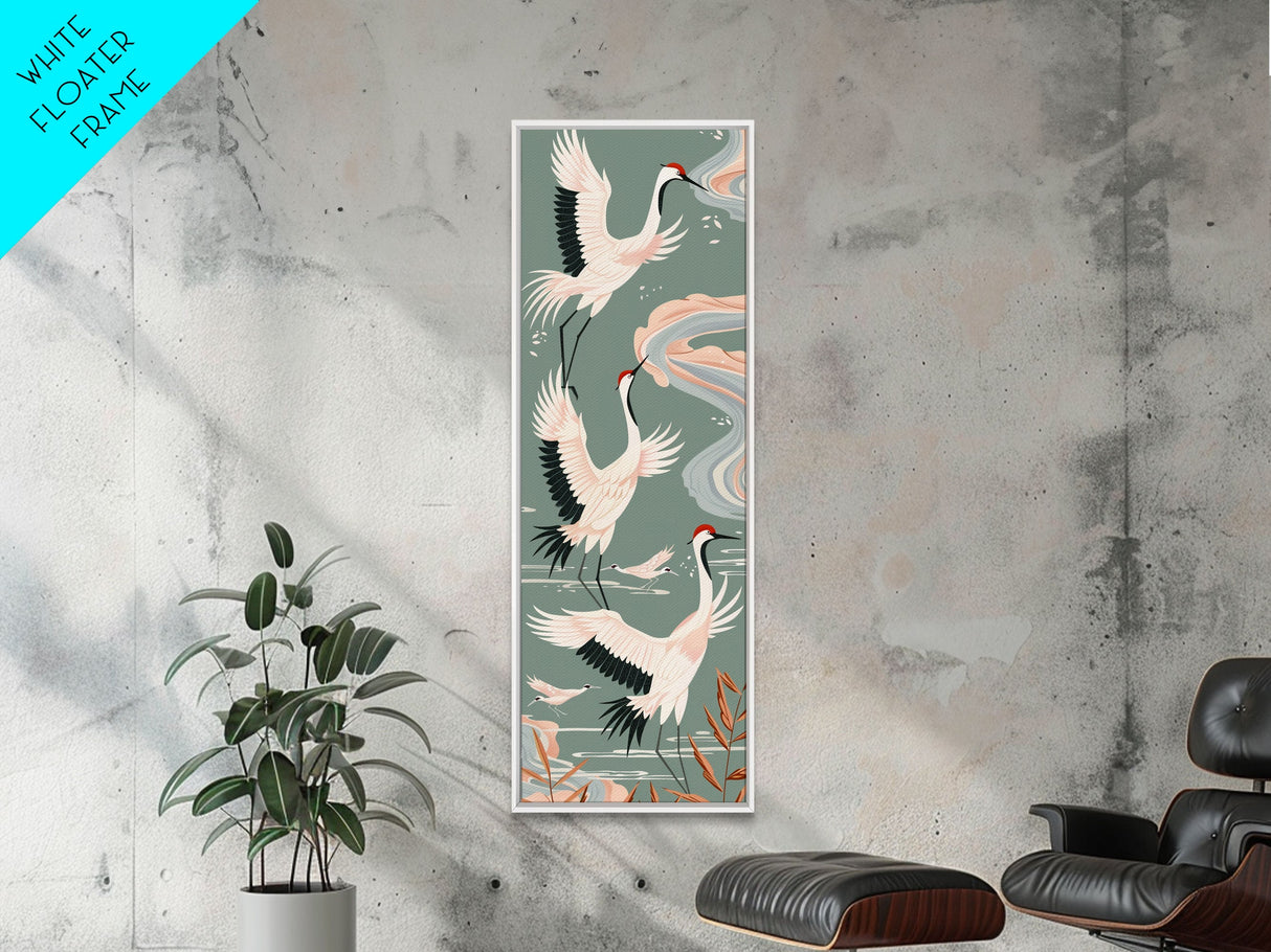 Cranes In Flight Framed Canvas Print, Traditional Japanese Art With Soft Colors And Detailed Wings, Wall Art Ready To Hang