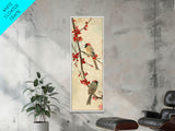 Skinny Art Sparrows And Cherry Blossoms In Japanese Style Wood Block Print Gentle Color Palette On Framed Canvas Print, Tall Art Ukiyo-e