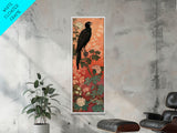 Black Bird On Flowering Branch With Orange Background Tall Art Skinny Art Framed Canvas Print Japanese Style Art Ukiyo-e Wood Block Print