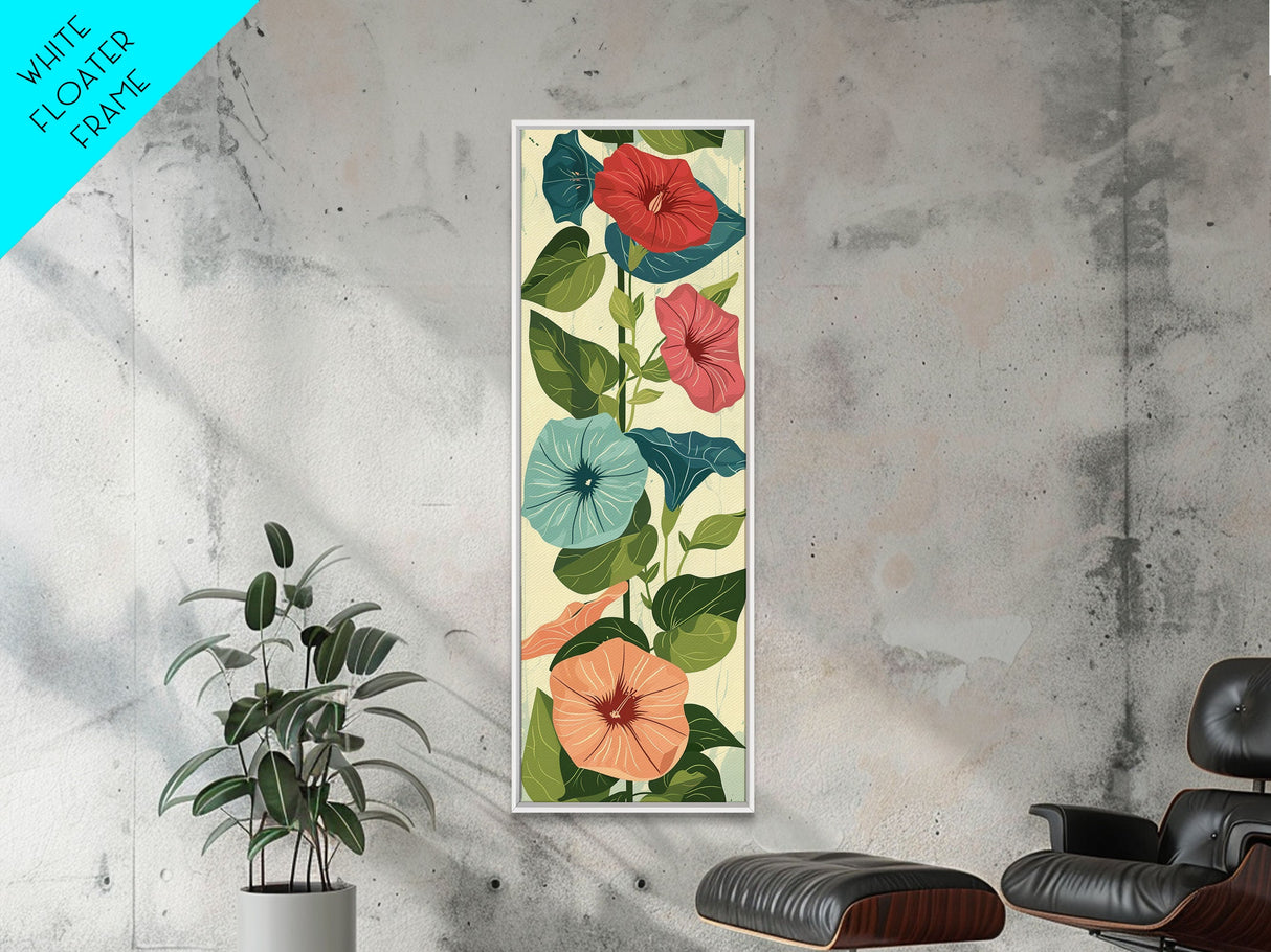 Morning Glory Flowers In Vibrant Red And Blue Shades Tall Art Skinny Art Framed Canvas Print Japanese Style Art Ukiyo-e Wood Block Print