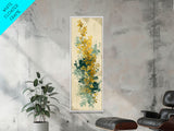Golden Foliage Set Against Green Textured Background Skinny Art Tall Art Framed Canvas Print Japanese Style Art Ukiyo-e Art Wood Block Print Natural Elegant