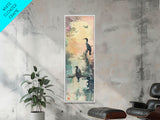 Orange Marigold Blossoms in Japanese Style Tall Skinny Framed Canvas Print - Ukiyo-e Wall Art