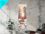 Serene Japanese Winter Landscape Highlighting A Red Bridge Snow-Covered Pines Under A Peaceful Sky Tall Framed Canvas Print Nature Scene