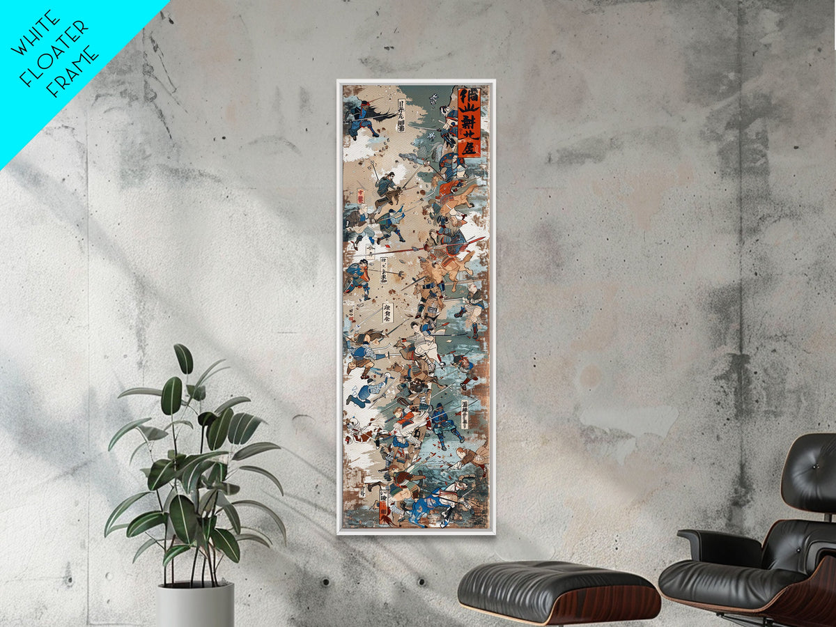 Battle Scene Featuring Warriors in Traditional Japanese Armor Ukiyo-e Art Framed Canvas Print Skinny Tall Art