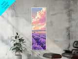 Expansive Lavender Field Beneath a Dramatic Cloudy Sky in Warm Pastel Hues Ukiyo-e Art Japanese Framed Canvas Print Skinny Tall Art