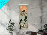 Black Crows Japanese Art Skinny Wall Art Framed Canvas Print on Branches with Red Maple Leaves Against Warm Orange Sun