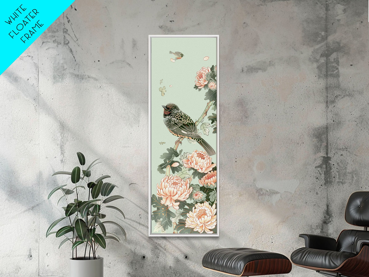 Japanese Style Art, Skinny Art, Tall Art, Birds And Chrysanthemums Wood Block Print Framed Canvas Print Ukiyo-e Art