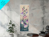 Tall Art Featuring Elegant Bellflowers In Soft Purples And Pinks Against A Muted Background, Skinny Art, Japanese Style Art, Ukiyo-e Art, Framed Canvas Print, Wood Block Print