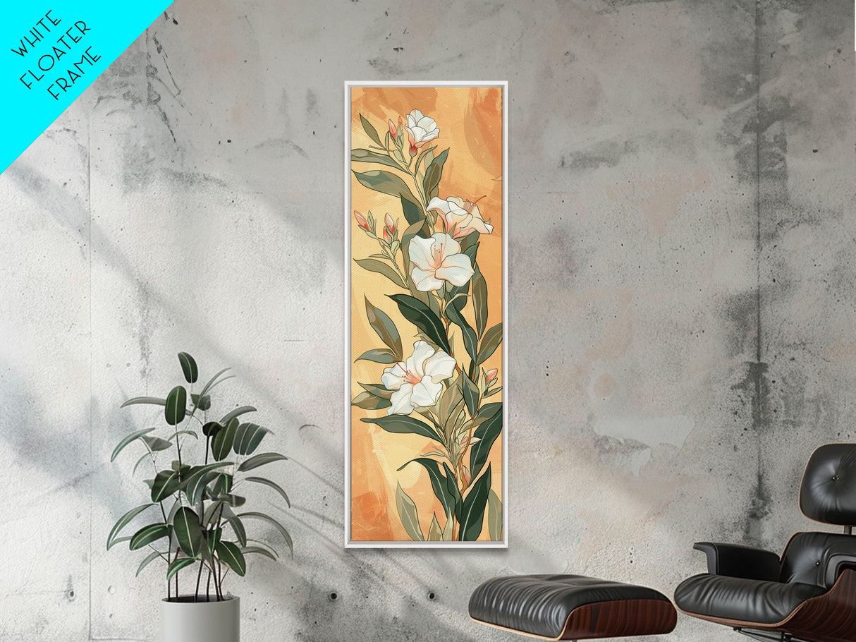 Skinny Art Tall Art Elegant White Flowers Wood Block Print Japanese Style Art Delicate Blooms On Soft Background Framed Canvas Print
