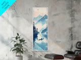 Serene Rowboat On A Misty Lake With Mountains – Framed Canvas Print Showcasing Skinny Art With Ukiyo-E Art And Japanese Style Art Tall Art