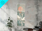Graceful Swans With Peaceful Lake And Reflecting Sun Ukiyo-e Wood Block Skinny Tall Japanese Style Art Framed Canvas Print