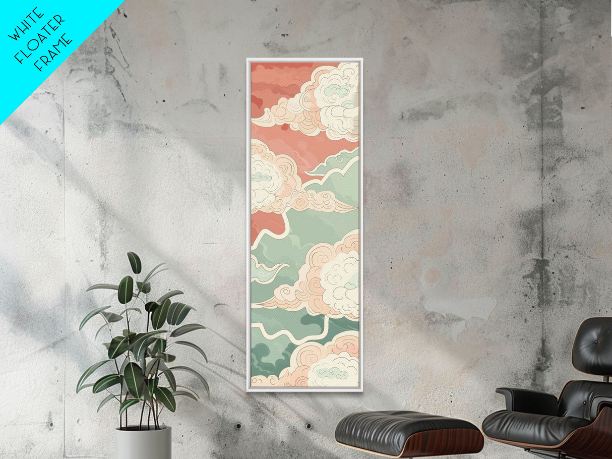 Traditional Japanese Cloud Design In Pastel Colors, Ukiyo-e Style Canvas, Framed Canvas Print, Tall Skinny Japanese Wall Art, Ready To Hang
