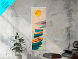Rowboats And Golden Sun On Calm Water Skinny Art Wood Block Print Japanese Style Art Framed Canvas Print Tall Art Ukiyo-e Art