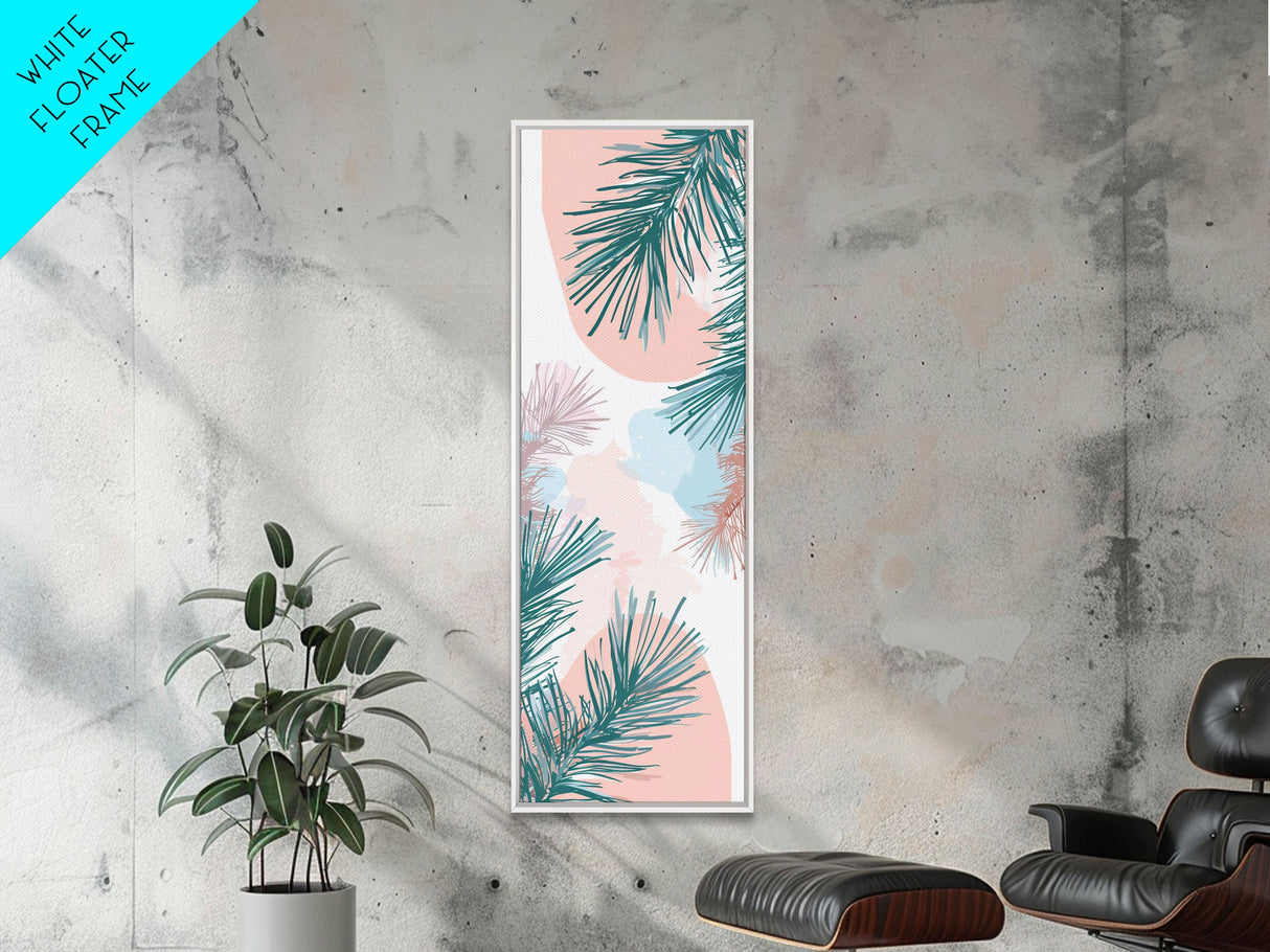 Elegant Pine Branches on Soft Pastel Background - Skinny Art, Japanese Wall Decor, Framed Canvas Print, Ukiyo-e Style