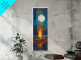 Moonlit Campfire Framed Canvas Print moody art mountain painting above couch art rustic wall art tall narrow art