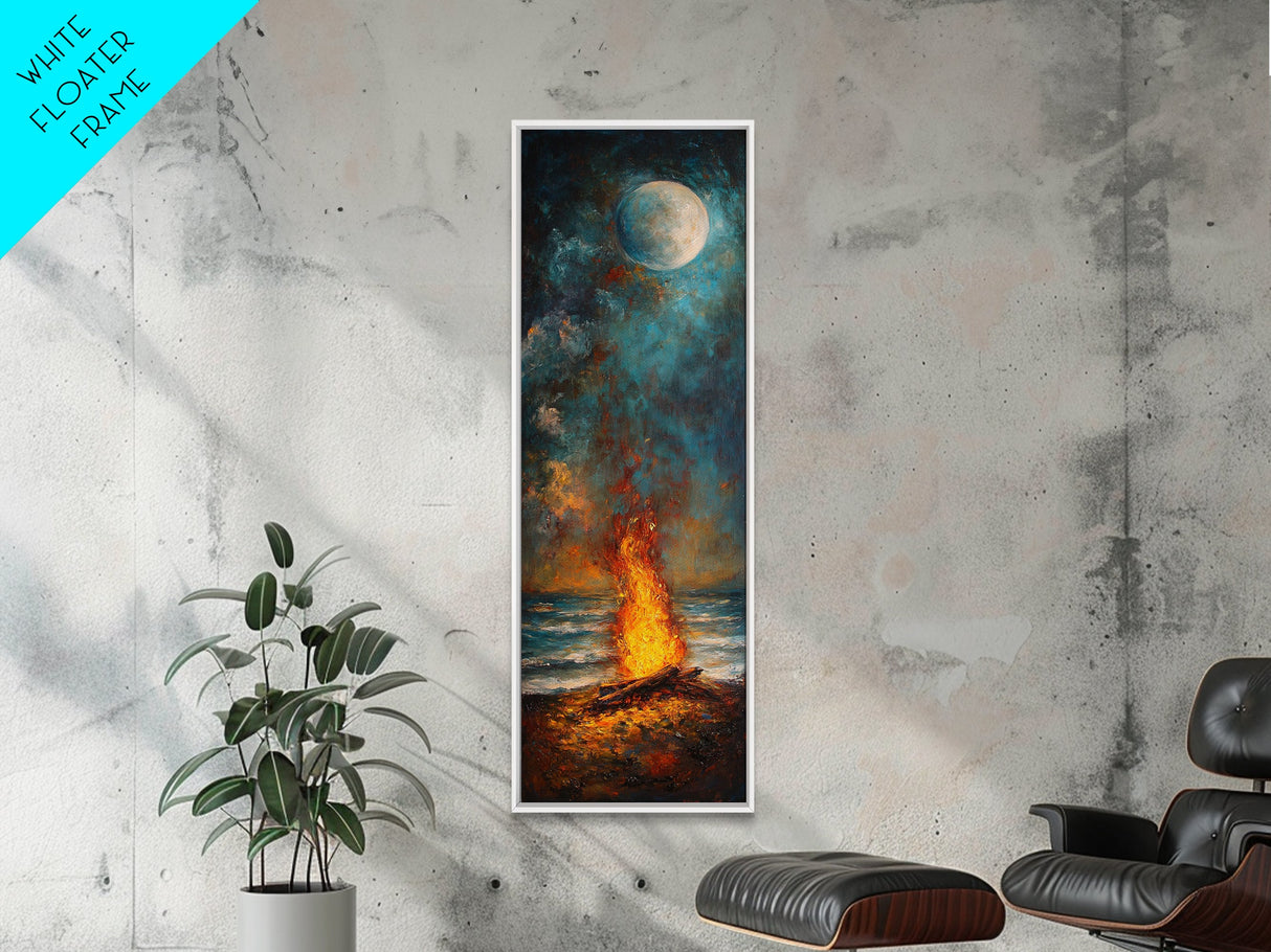Moonlit Bonfire Canvas Print Rustic Wall Art Coastal Landscape Art Above Sofa Art Tall Narrow Art Nautical Decor Moody Art