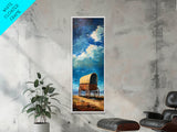 Vintage Covered Wagon Painting Framed Canvas Print, Rustic Wall Art, Farmhouse Art, Moody Art, Landscape Painting, Southwest Wall Art