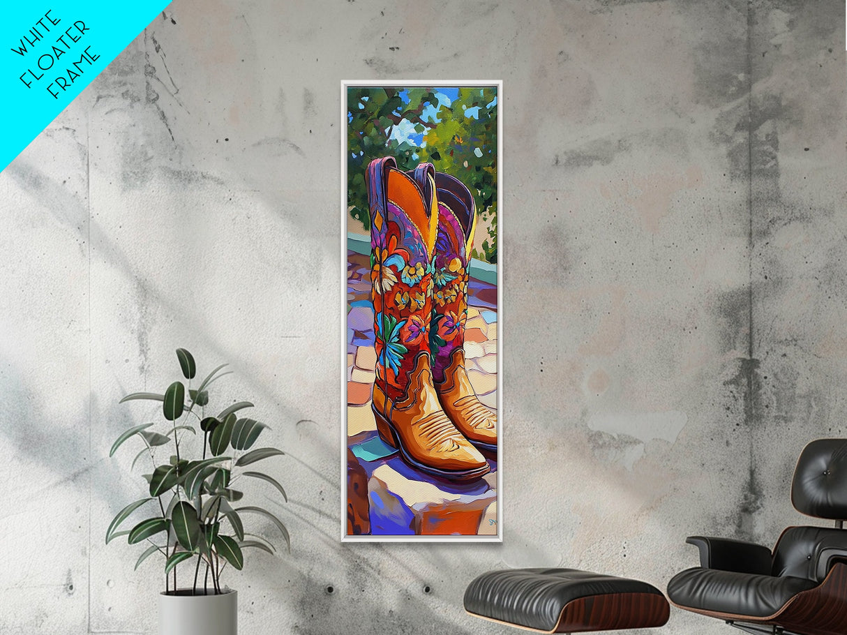 Western Cowboy Boots Art Framed Canvas Print, Rustic Wall Art, Coastal Cowgirl Wall Art, Moody Art, Whimsical Art, Gift Idea