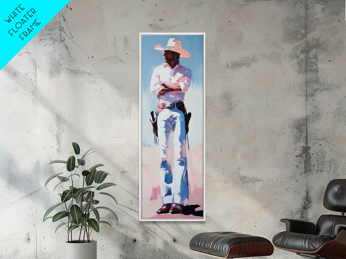 Western Cowboy in White Framed Canvas Print, Rustic Wall Art, Moody Art, Southwest Wall Art, Vintage Horse Art, Extra Wide Art