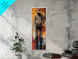 Lone Cowboy Sunset Framed Canvas Print southwest wall art extra wide art rustic wall art pink orange wall art bold decor cowboy art