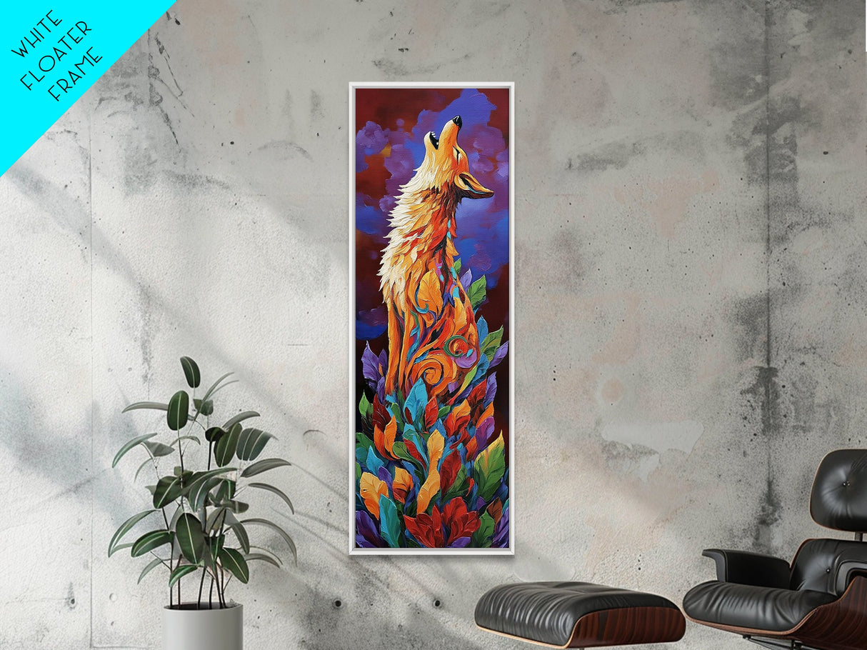 Colorful Howling Wolf Canvas Print rustic decor, long narrow wall art, wildlife painting, tall skinny art, moody art, animal wall art, whimsical art, southwest wall art, Joshua tree art