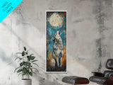 Full Moon Howling Wolf Canvas Print moody art, celestial wall art, nighttime painting, rustic decor, mountain painting, above bed wall art, blue and green wall art, bedroom art, southwest wall art
