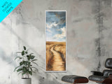 Serene Rural Path Framed Canvas Print landscape painting, farmhouse art, above couch art, rustic wall art, wabi sabi art, extra wide art, panoramic art, warm neutral wall art, barn landscape oil painting
