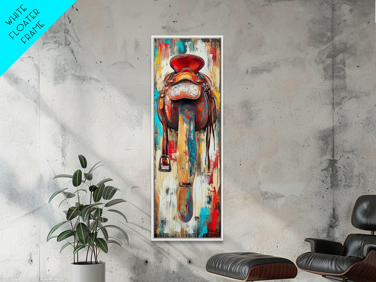 Rustic Saddle Painting Canvas Print Farmhouse Wall Art Moody Art Rustic Decor Southwest Wall Art Tall Narrow Art