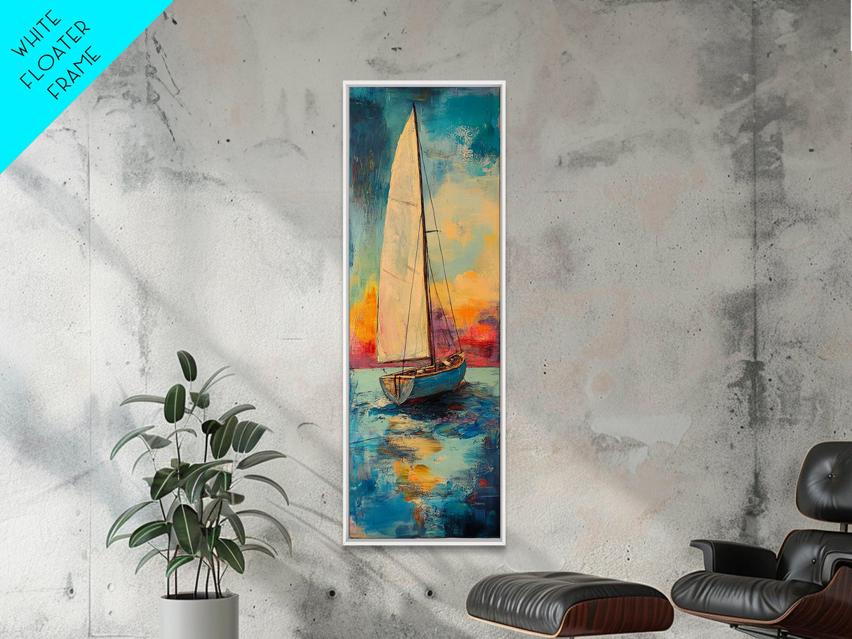 Sailboat at Sunset Framed Canvas Print, Nautical Painting, Coastal Wall Art, Seascape Painting, Nautical Decor, Gift Idea Her