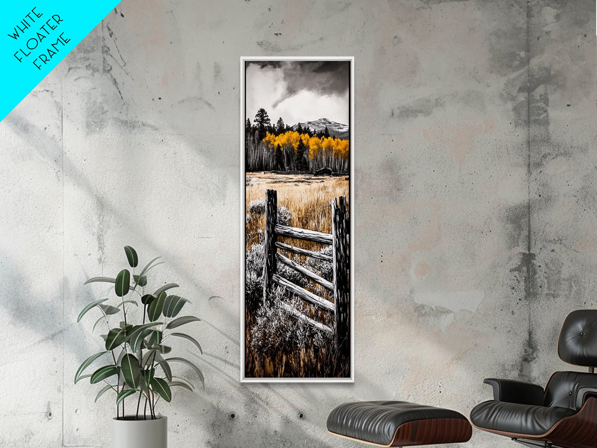 Rustic Mountain Fence Framed Canvas Print, Birch Tree Art, Fall Landscape Painting, Moody Art, Farmhouse Art, Above Sofa Art