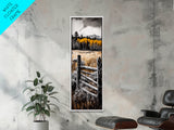 Rustic Mountain Fence Framed Canvas Print, Birch Tree Art, Fall Landscape Painting, Moody Art, Farmhouse Art, Above Sofa Art