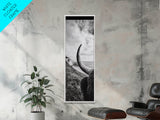 Highland Bull, Coastal Landscape, Framed Canvas Print, rustic decor, mountain painting, farmhouse art, moody art, wabi sabi wall art