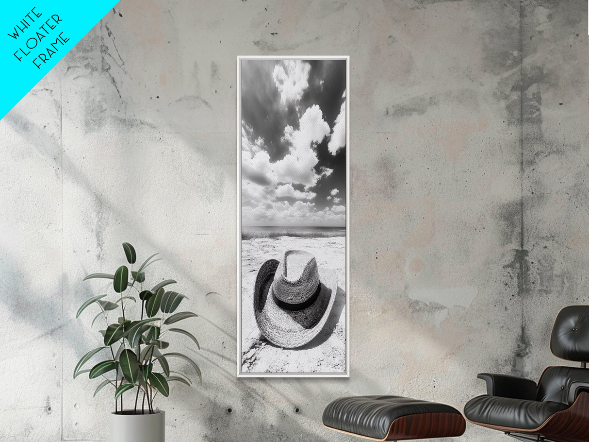 Straw Cowboy Hat, Beach Photography, Framed Canvas Print, Coastal Cowgirl, Wall Art, Rustic Décor, Minimalist Wall Art