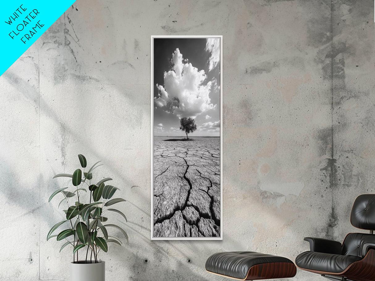 Lone Tree, Cracked Earth, Framed Canvas Print, wabi sabi art, moody art, landscape painting, above bed wall art,minimalist art, extra wide art