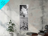Lone Tree, Cracked Earth, Framed Canvas Print, wabi sabi art, moody art, landscape painting, above bed wall art,minimalist art, extra wide art
