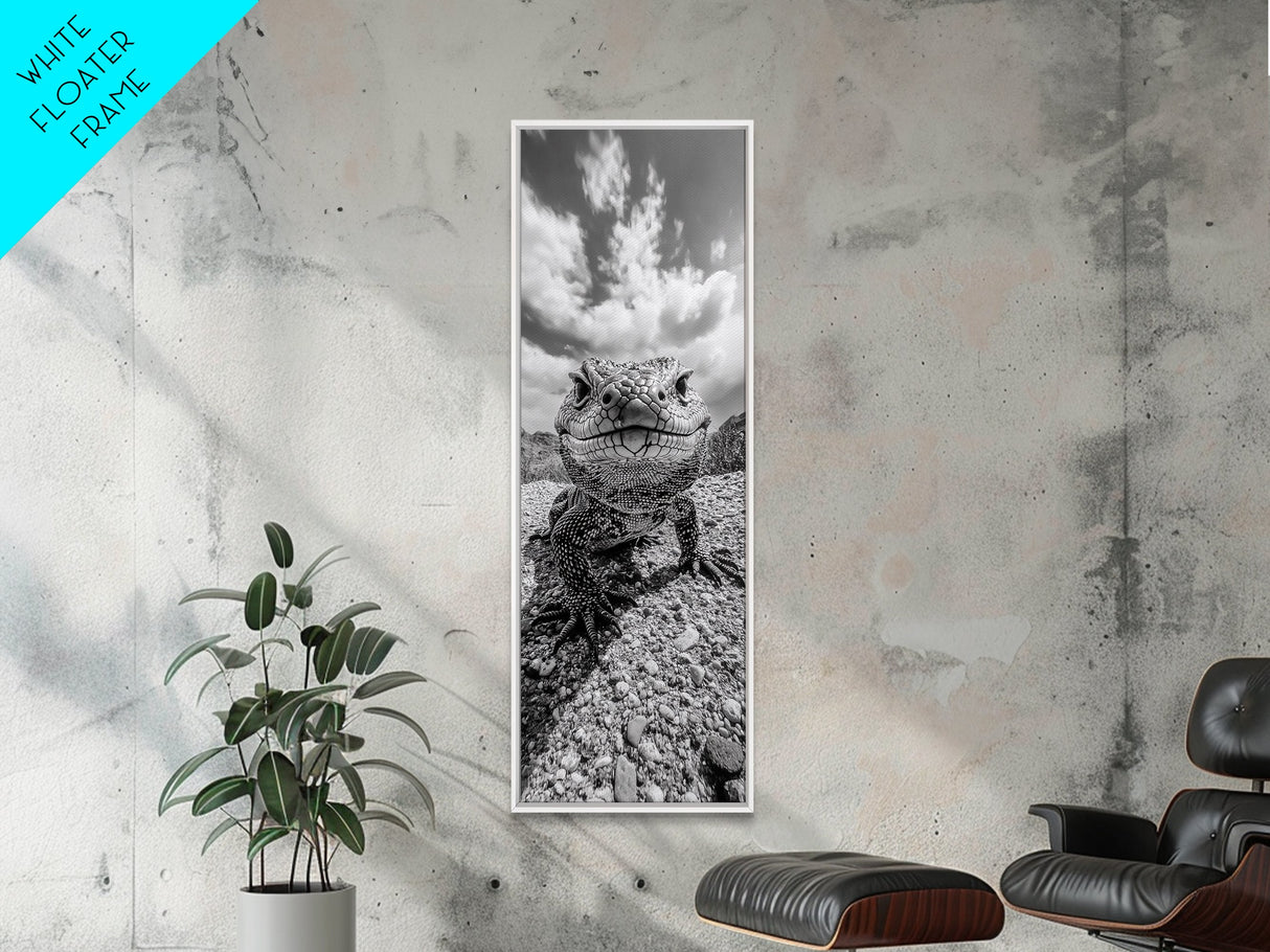 Lizard Close-Up, Framed Canvas Print, wildlife photography, rustic wall art, southwest wall art, desert animal art, black and white home decor