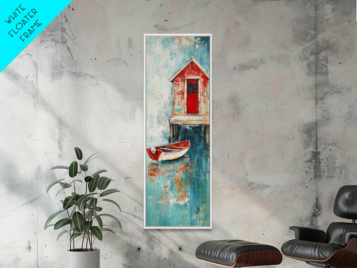 Red Boathouse Coastal Scene Framed Canvas Print | Nautical Decor | Seascape Painting | Rustic Wall Art | Coastal Painting