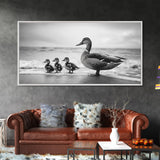 Duck family, bird art, whimsical art, coastal decor, nature painting, extra wide art, panoramic art, above couch art, framed canvas print