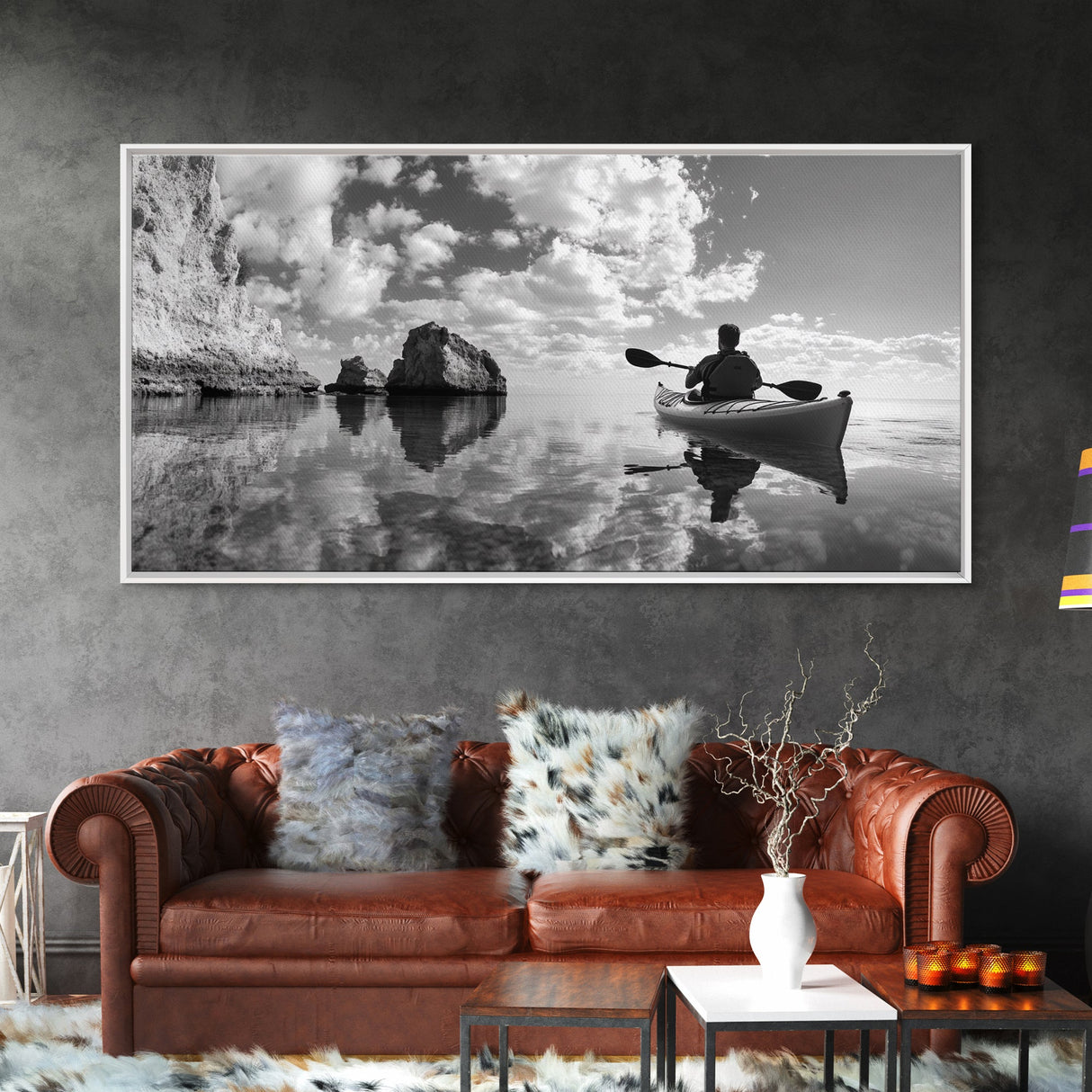 Kayak, Coastal Landscape Art, Nautical Painting, Extra Wide Art, Adventure Art, Seascape Painting, Panoramic Art, Canvas Print
