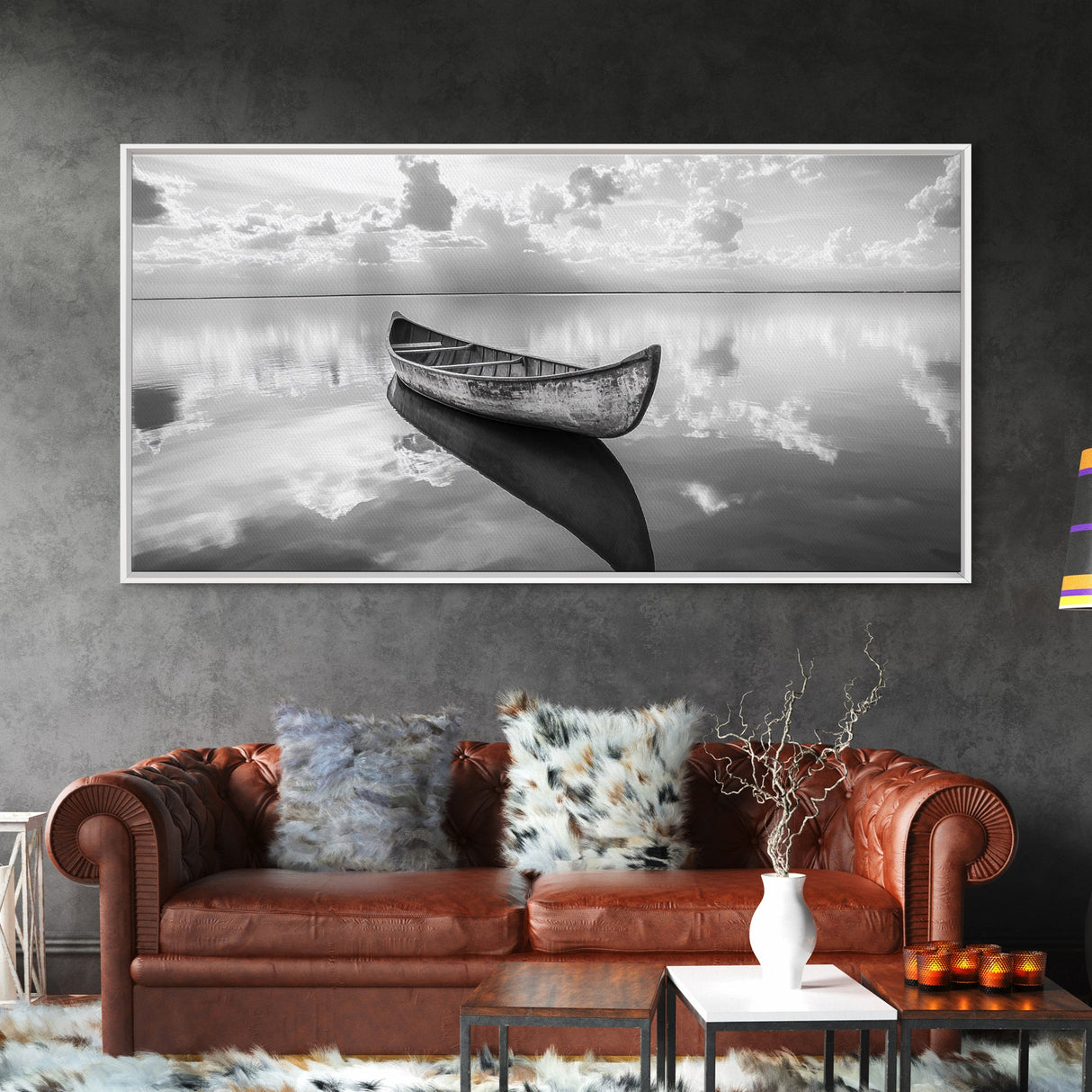 Tranquil Canoe Reflection, lake Tahoe art, nautical decor, seascape painting, coastal landscape art, panoramic painting, framed canvas print