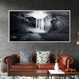 Powerful Waterfall Mist, nature wall art, moody art, mountain painting, black and white photography, dramatic landscape, framed canvas print