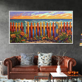 Vibrant Coastal Fence, beach decor, coastal landscape art, coastal wall art, nautical painting, extra wide art, framed canvas print