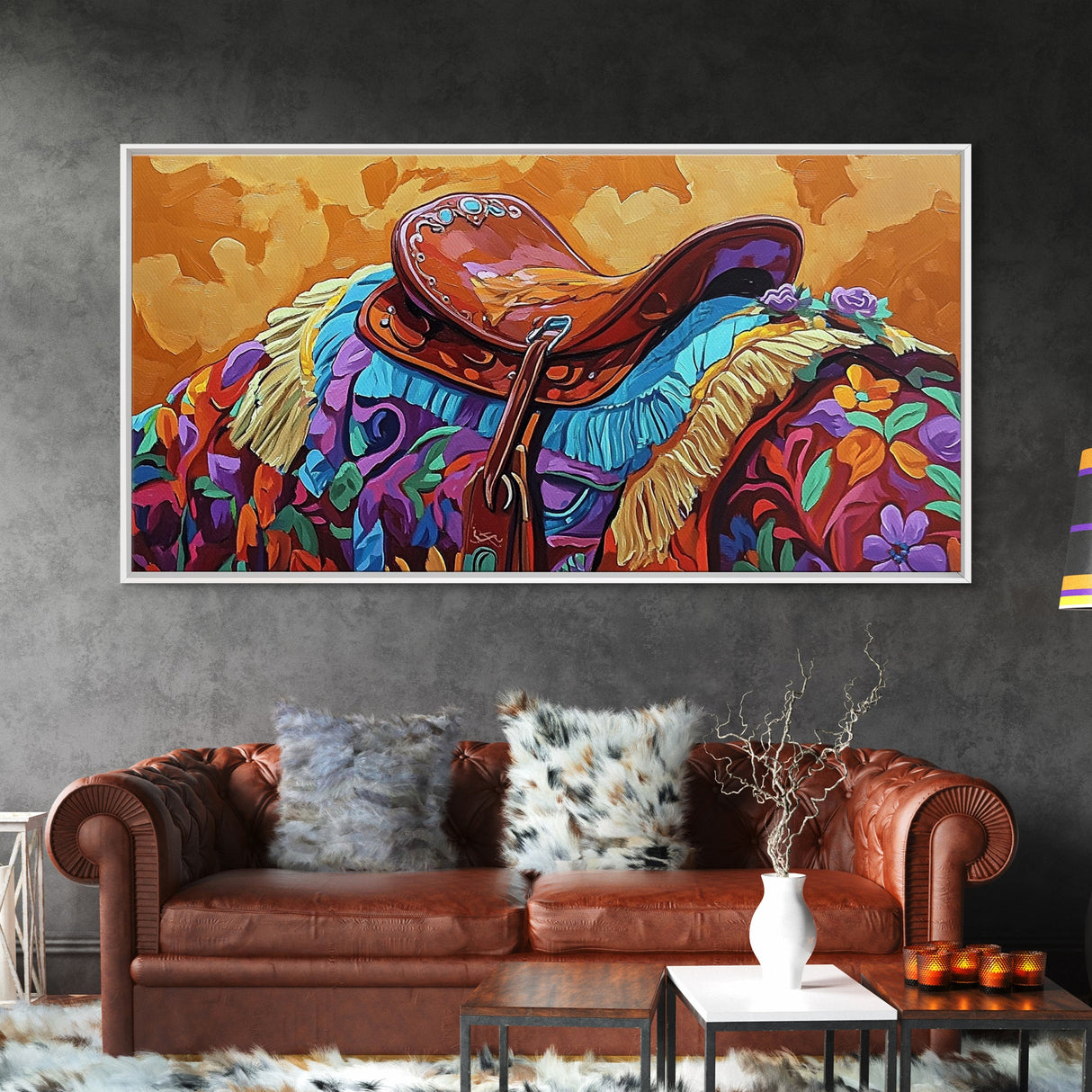 Western Saddle, cowboy art, rustic western decor, saddle painting, framed canvas print, boho art, extra wide art, gift idea him
