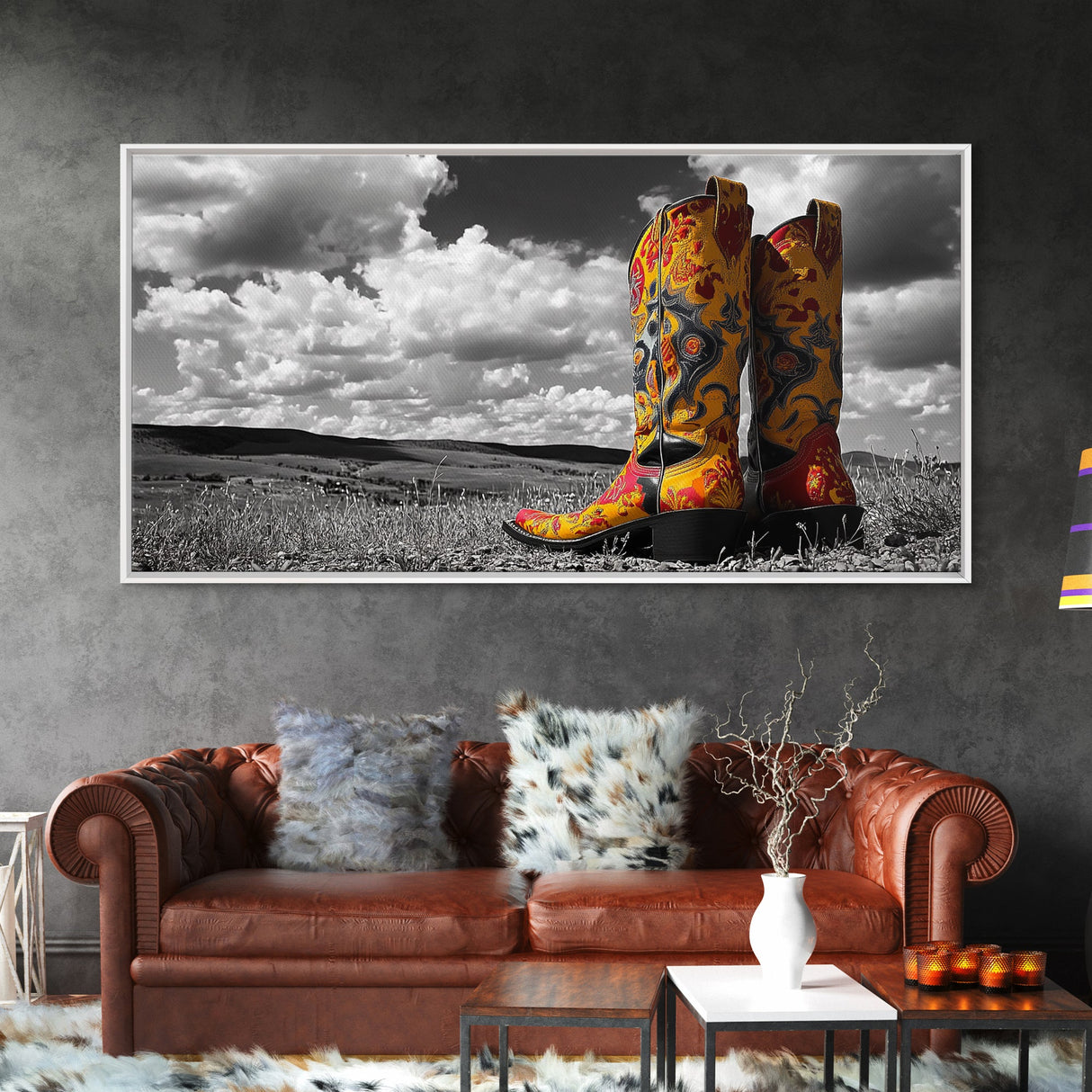 Embroidered Cowboy Boots Canvas Print | Western Wall Art | Chicano Art | Moody Art | Rustic Decor | Southwest Art | Extra Wide Art