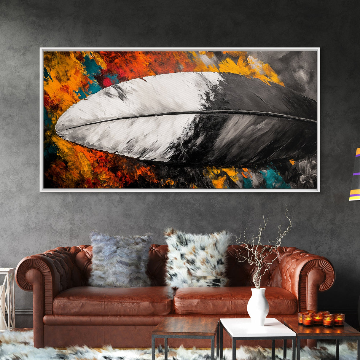 Feather Painting, whimsical art, black and white painting, abstract painting, moody art, colorful background, modern decor, Framed Canvas Print