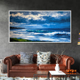 Ocean Waves, coastal decor, nautical painting, blue and green wall art, surf wall art, lake Tahoe art, Framed Canvas Print, panoramic art