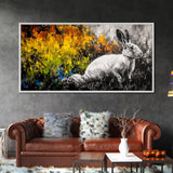 White Rabbit, whimsical art, forest at dusk painting, rustic wall art, farmhouse art, wildflower painting, Framed Canvas Print, cozy decor