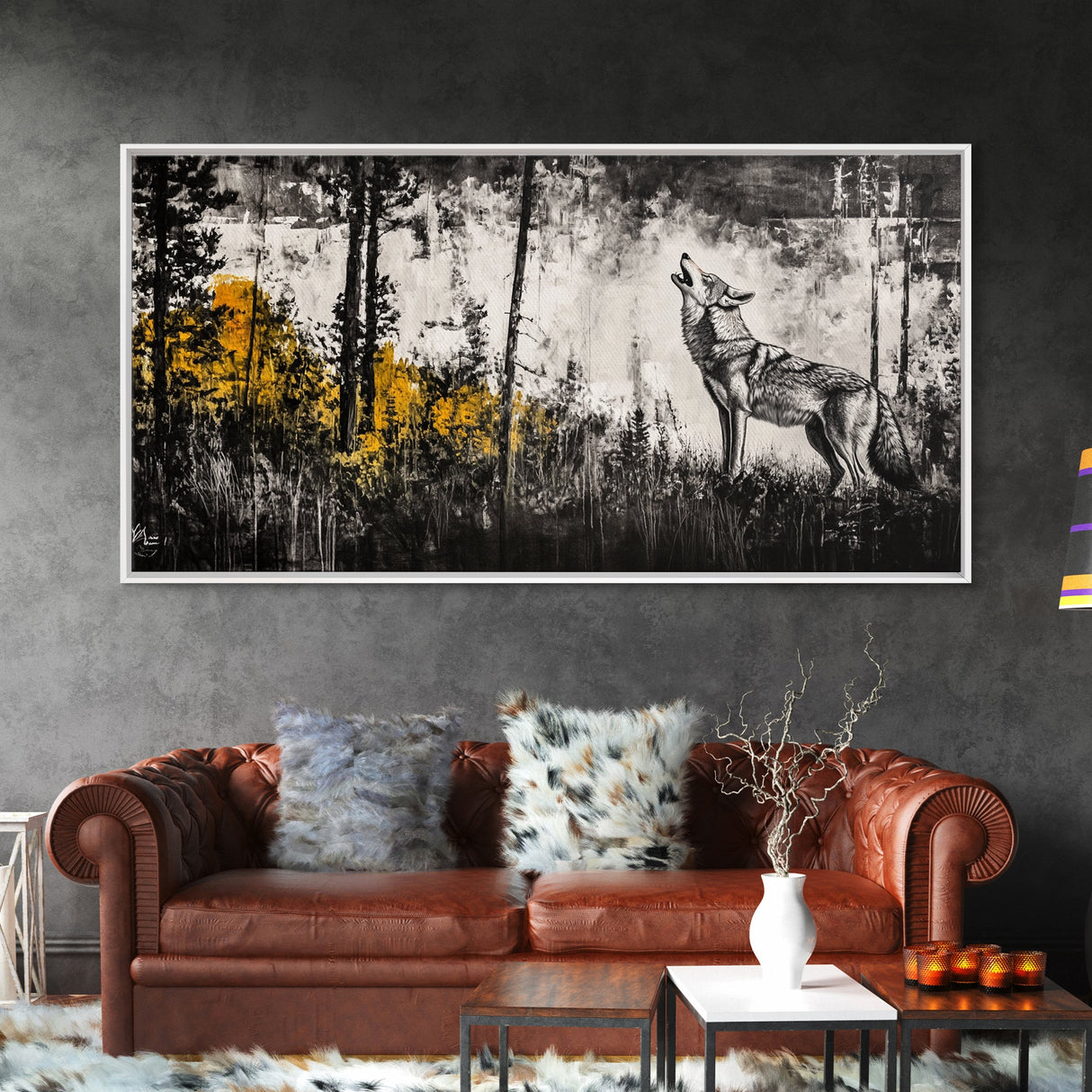 Howling Wolf, moody art, pine tree art, rustic wall art, forest at dusk painting, extra wide art, framed canvas print, southwestern art