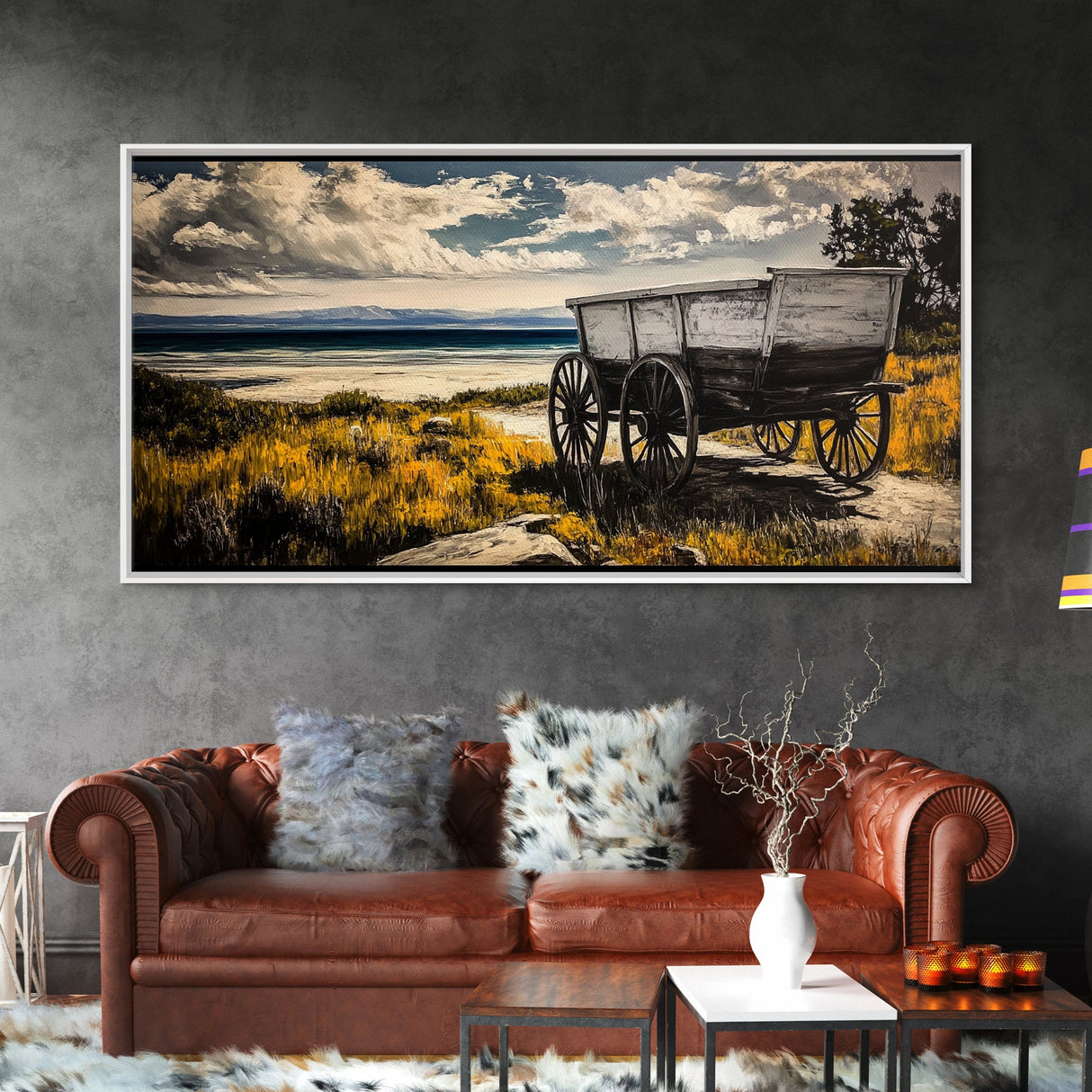 Seaside Wagon, coastal decor, nautical wall art, Maine oil painting, rustic wall art, landscape painting, extra wide art, framed canvas print