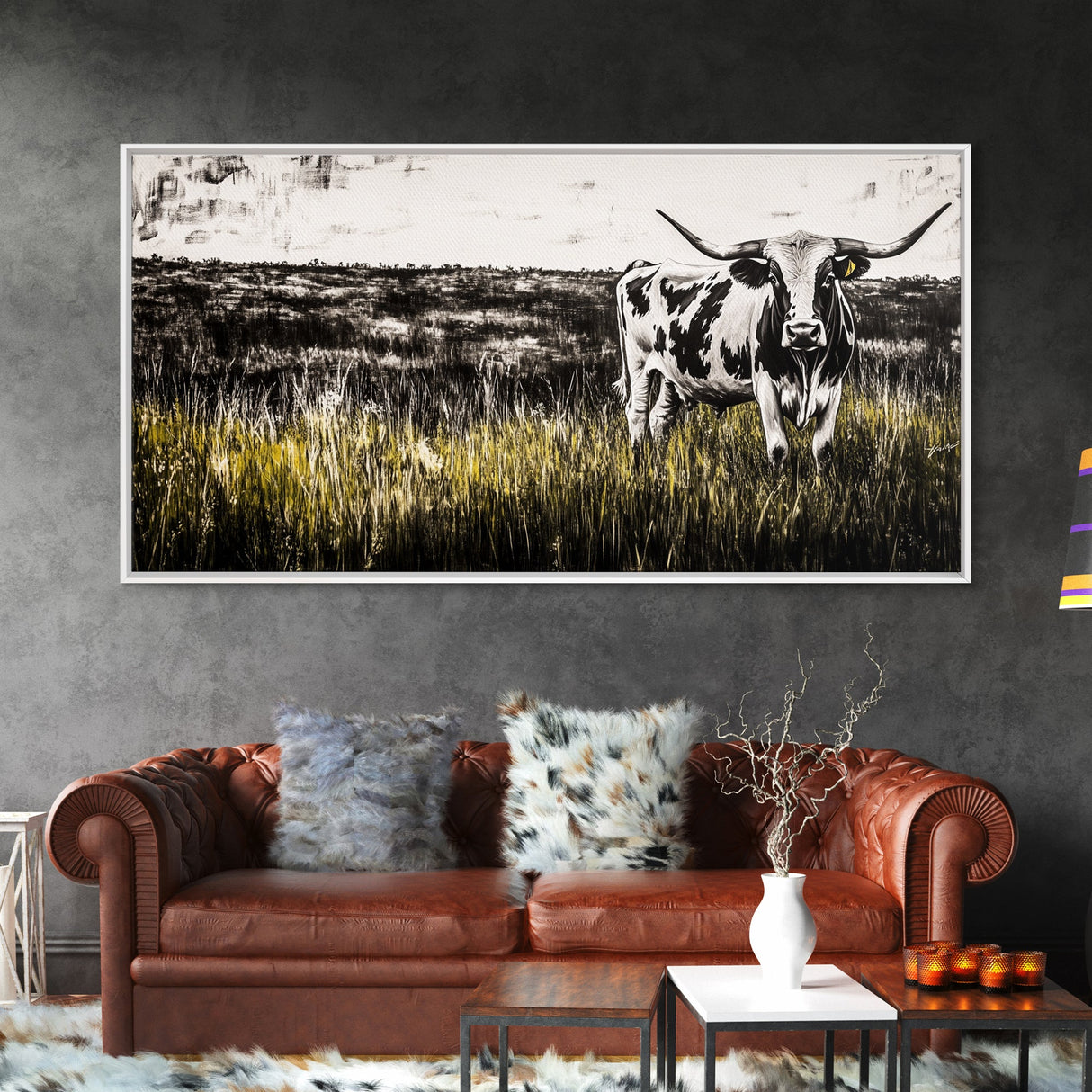 Longhorn Cattle, rustic wall art, farmhouse art, black cowgirl painting, extra wide art, framed canvas print, panoramic painting